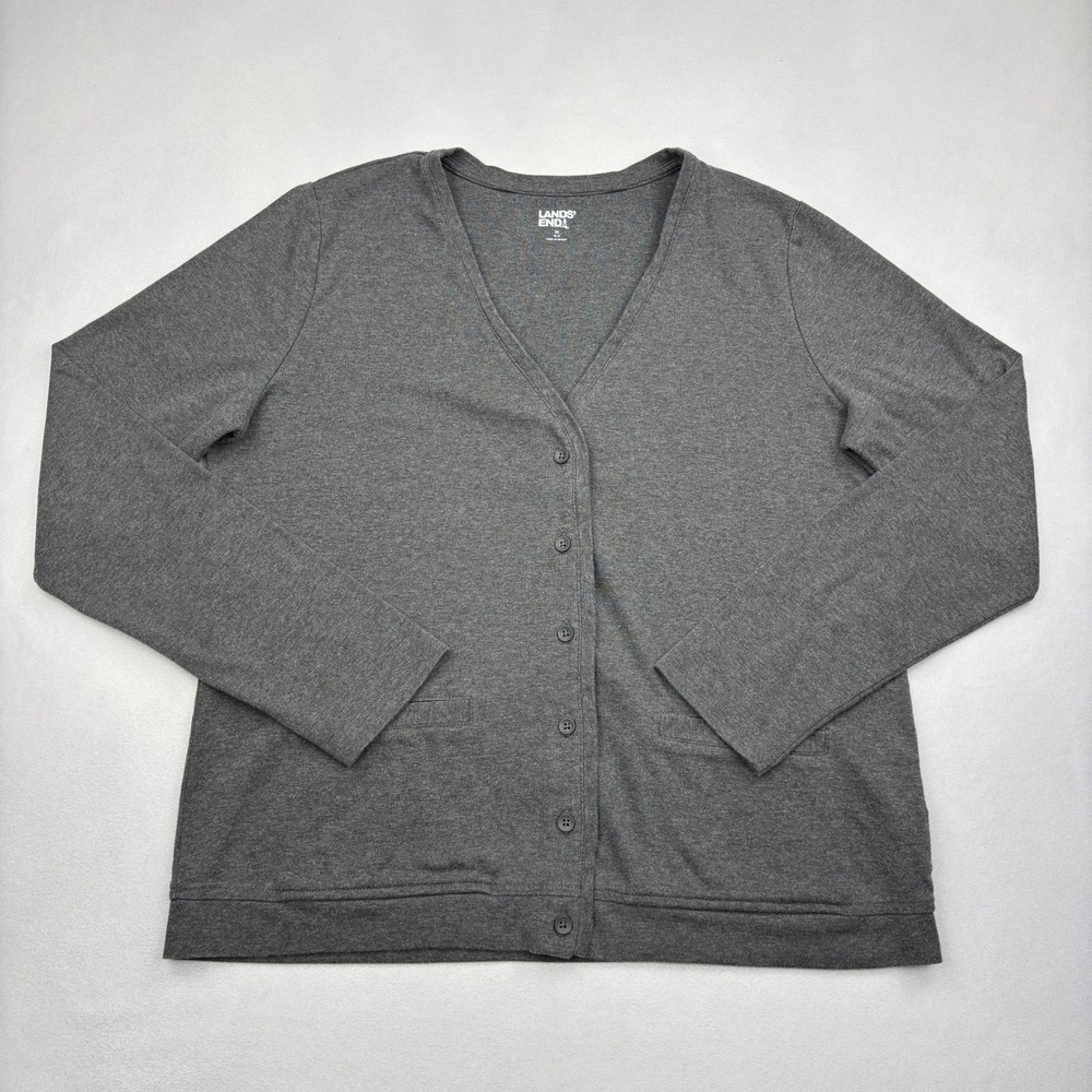 Lands End Cardigan Sweater Womens Medium 10-12 Heather Gray V Neck Button 479553